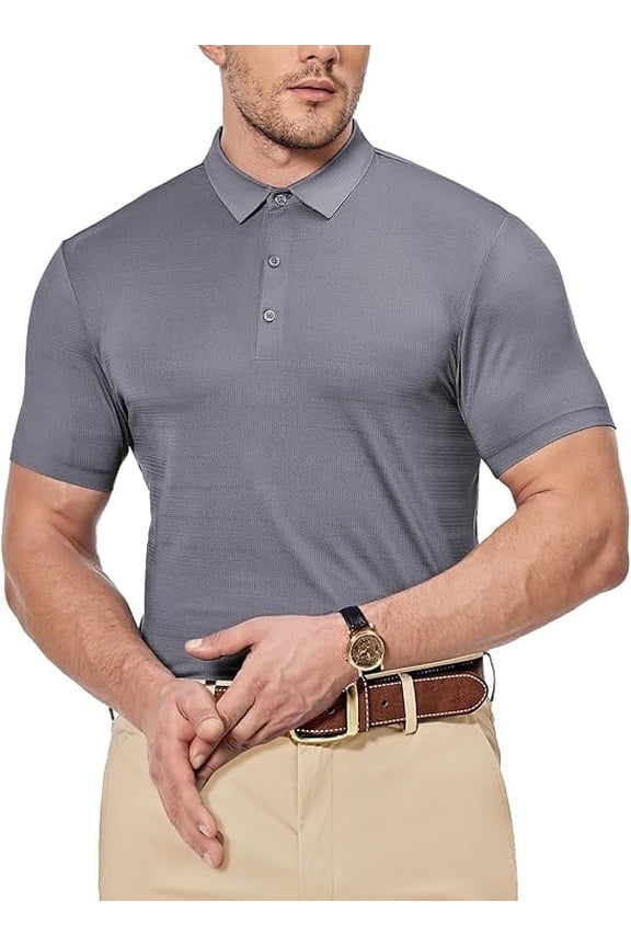 Mens Dry Fit Golf Shirt Performance Polo Short Sleeve Athletic Collared Mesh Shirt Moisture Wicking Seamless Tech, Gray,XL