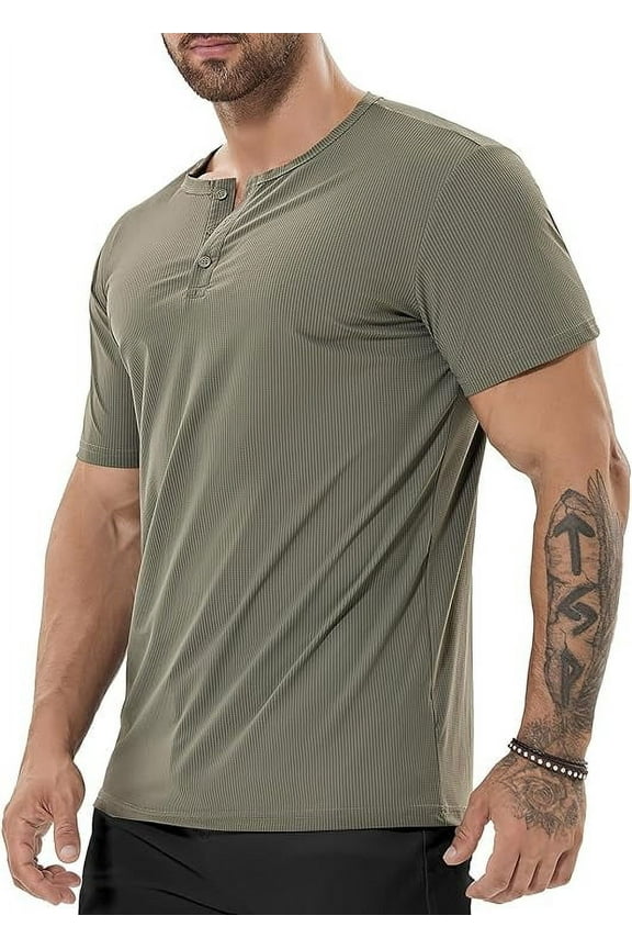 Mens Dry Fit Henley Shirt Short Sleeve Gym Tshirt Cool Feeling Summer Basic 3 Button Tee