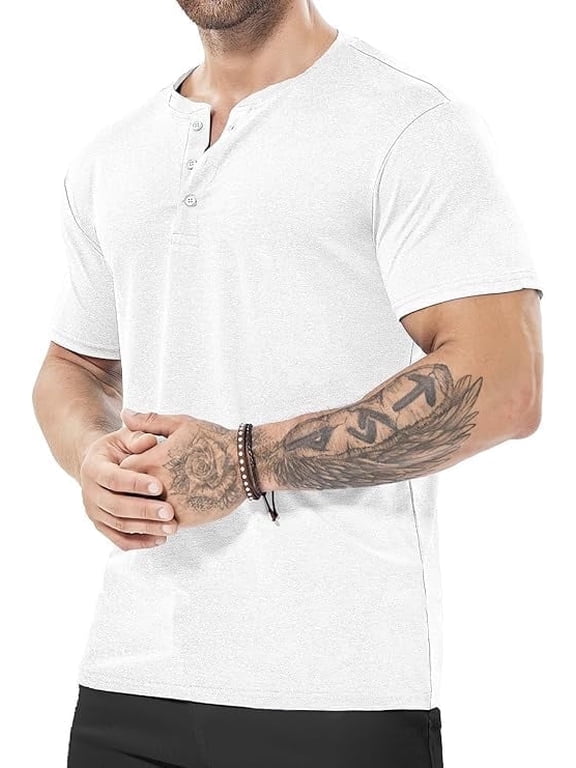 Mens Henley Shirt Dry Fit Athletic Slim Fit T Quick Dry Tshirt Short Sleeve Casual 3 Button Basic Tee Moisture Wicking Tech Polo,White,Large