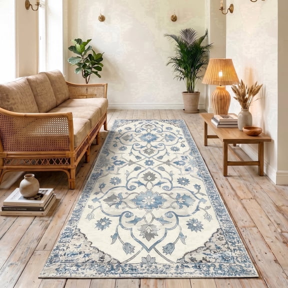 ICEANT 2'x6' Area Rug, Vintage Boho Runner Rugs for Hallway Kitchen Entryway Doormats, Non-slip Low Pile Carpet Machine Washable, Blue