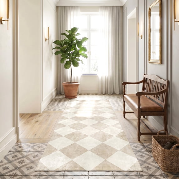 ICEANT 2'x6' Rectangle Runner Rugs, Geometric Style Non Slip Washable Low Pile Carpet, Area Rug for Hallway Entryway Bathroom Bedroom Kitchen, Beige