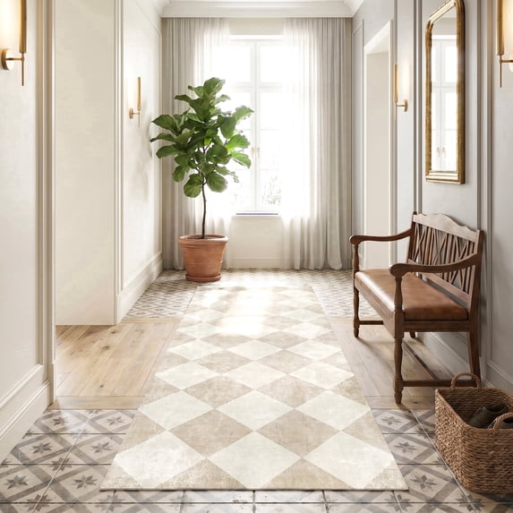 ICEANT 3'x10'Non-Slip Machine Washable Runner Rug with Geometric Design for Hallway Entryway Bathroom Bedroom Kitchen, Beige/Grey