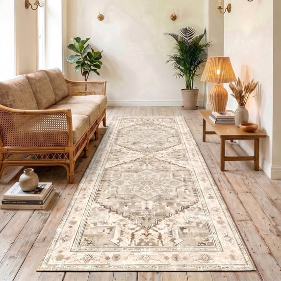 ICEANT 3'x8' Area Rug, Vintage Boho Runner Rugs for Hallway Kitchen Entryway Doormats, Non-slip Low Pile Carpet Machine Washable, Beige