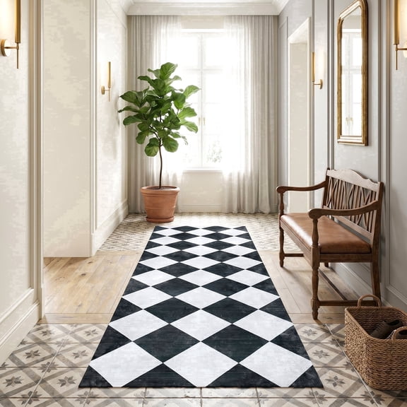 ICEANT 3'x8' Rectangle Runner Rugs, Geometric Style Non Slip Washable Low Pile Carpet, Area Rug for Hallway Entryway Bathroom Bedroom Kitchen, Black