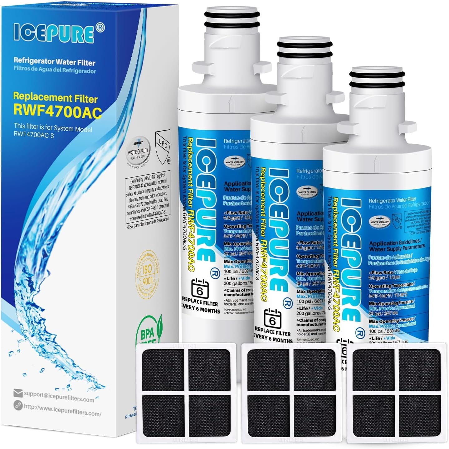 ICEPURE RWF4700AC Replacement for LT1000P ADQ747935 ADQ74793501 ADQ74793502 MDJ64844601 LMXS28626S LFXS26973S, 9980 Refrigerator Water and LT120F Air Filter 3 Comb