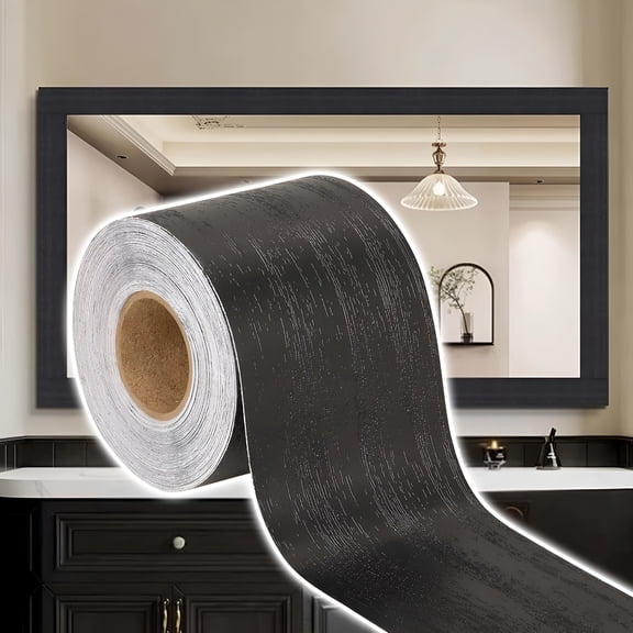 ICERUN 10M Black Mirror Border Wood Grain Wallpaper Border Tape Removable PVC Peel and Stick Bathroom Mirror Frame Border Tape (Black, 2Inch x 33FT)