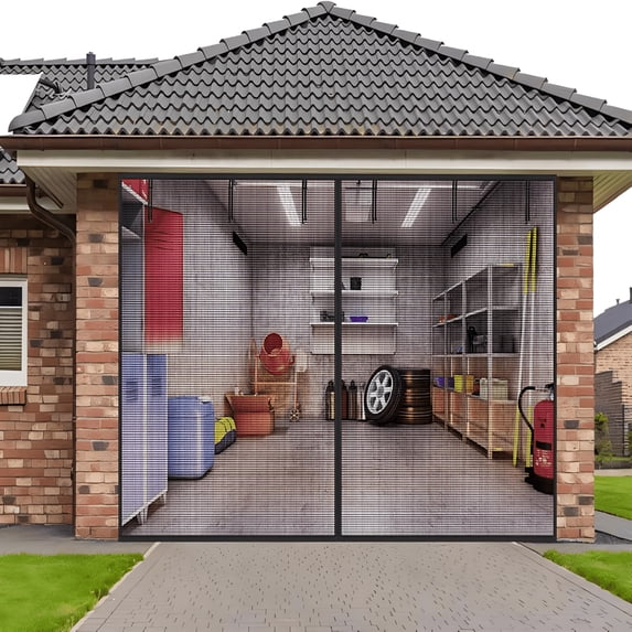 ICERUN 16x7FT Heavy Duty Magnetic Garage Screen Door - Black PET Mesh, Windproof, Easy Install, Fits Double Car Garage, Patio, Workshop - Keep Bugs Out, Fresh Air In