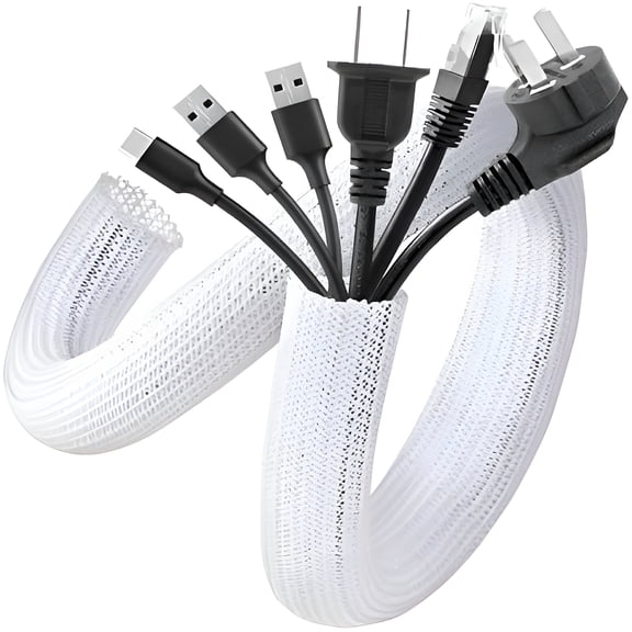 ICERUN 2 Pack 5Ft White Cable Sleeve, 1.2 Inch Wire Organizer & Cord Protector, Pet Chew Proof