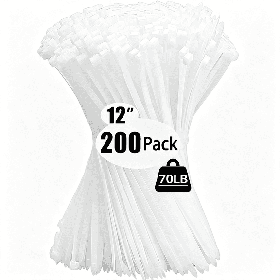 ICERUN 200 Pack Zip Wire Ties 12 Inch Cable Zip Ties Clear Tie Wraps with 70 Pounds Tensile Strength, Self-Locking Cable Ties, Uv Resistant Thick Nylon Wire Ties for Indoor and Outdoor White