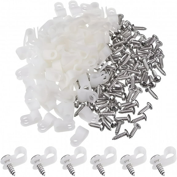 ICERUN 2026 New 100 Pack 1/4 Inch R-Type Clip Cable Fastener Wire Clamp Nylon Screw Mounting Electrical Grip Wire Clips with 100 Pack Screws for Wire Management