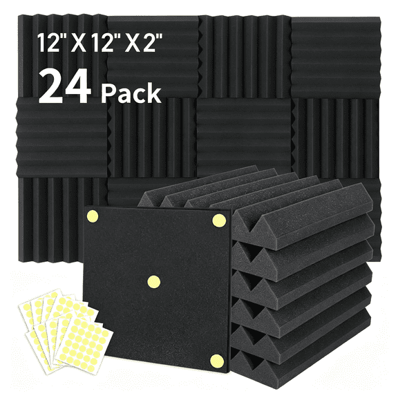 ICERUN 24 Packs Acoustic Foam Panels 2" X 12" X 12", Soundproofing Foam Noise Cancelling Foam with 120 Pcs Double-Side Adhesive Sound Proof Foam Panels for Walls