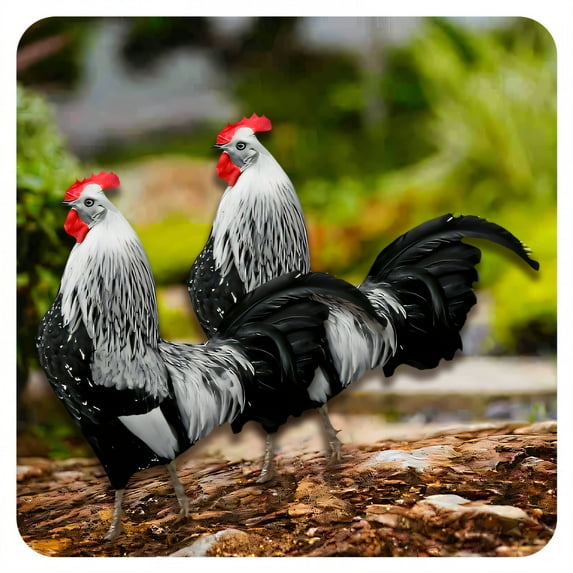 ICERUN 2Pcs Garden Statues,Acrylic Rooster Sculpture Garden Art,Hair Texture Rooster Yard Decorations Outdoor,Style2