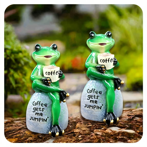 ICERUN 2Pcs Garden Statues,Resin Frog Drinking Coffee Sculpture Garden Art,Fade Resistant Material Yard Decorations Outdoor