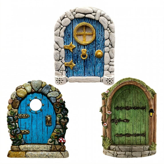 ICERUN 3Pcs Garden Statues,Wooden Fairy Tale Doorway Fairy Garden Accessories,Fairy Tale Style Outdoor Decorations for Yard,Style2