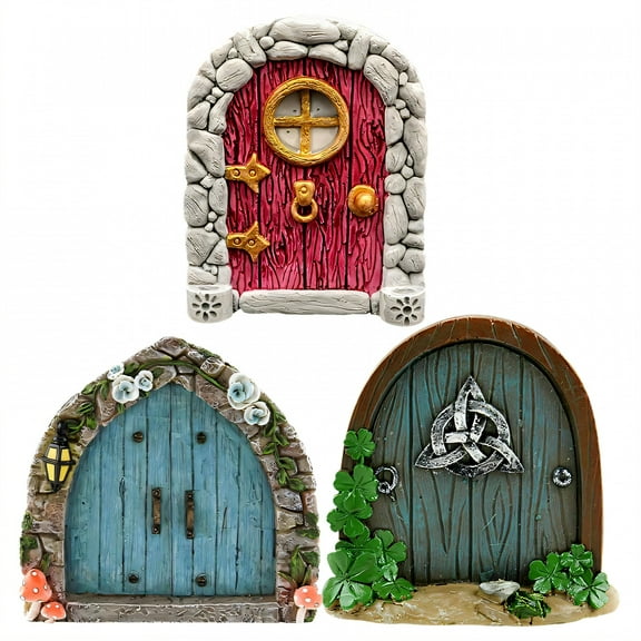 ICERUN 3Pcs Garden Statues,Wooden Fairy Tale Doorway Lawn Ornaments,Floral Detail Garden Sculptures,Style1