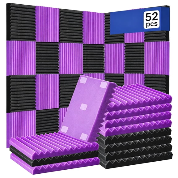 ICERUN 52 Pack Acoustic Foam Panels,1" X 12" X 12"Acoustic Wedge Studio Foam Sound Absorption Wall Panels (High-Efficiency Acoustic Panels Black/Purple)