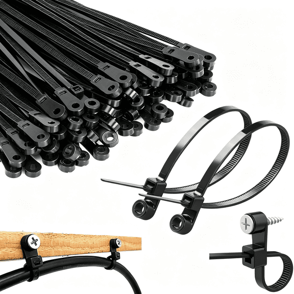 ICERUN 8 Inch Black Zip Ties with Screw Hole,Heavy Duty Cable Ties for Cords 75 Lbs Mountable Head Zip Tie Screw Mount,Zip Ties for Wall Wire Indoor and Outdoor Use (50, 8 In)