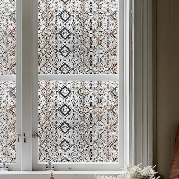 ICERUN Frosted Window Film, Begonia Decorative Window Privacy Sticker, Glue-Free Static Cling Glass Cover for Bathroom, Office, Living Room