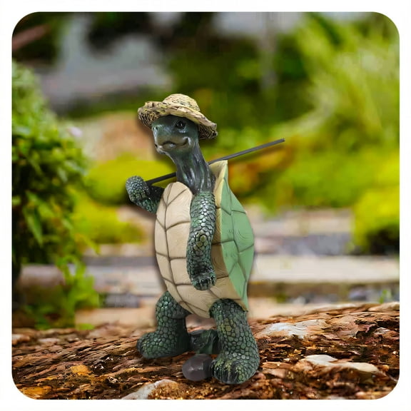 ICERUN Garden Statues,Resin Turtle with Stick Sculpture Yard Art,Straw Hat Turtle Figure Outdoor Garden Decor,Style1