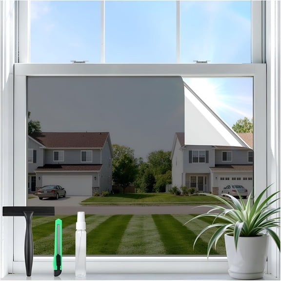 ICERUN One Way Privacy Window Film for Home with Tools,Uv Blocking Heat Control Static Cling No Glue,Daytime Privacy See Out Not In,17.5 in X 13.1 Feet,Black Silver
