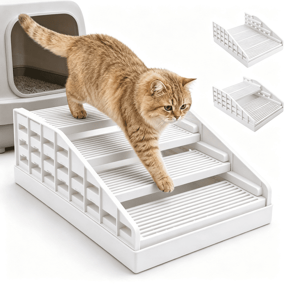 ICERUN Senior&Kitten Litter Box Step for Tracking Control&Joint Care,Washable 4-Layer Adjustable Height Litter Ramp,Anti-Slip Litter Step Stool,Fits Automatic&Standard Litter Boxes,White