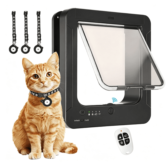 ICERUN Smart Cat Door for Interior & Exterior, Cat Pet Door with 3 Collar Sensor Keys & 1 Remote Control & 4 Way Locking Cat Flap with Rfid Collar Activated Opening