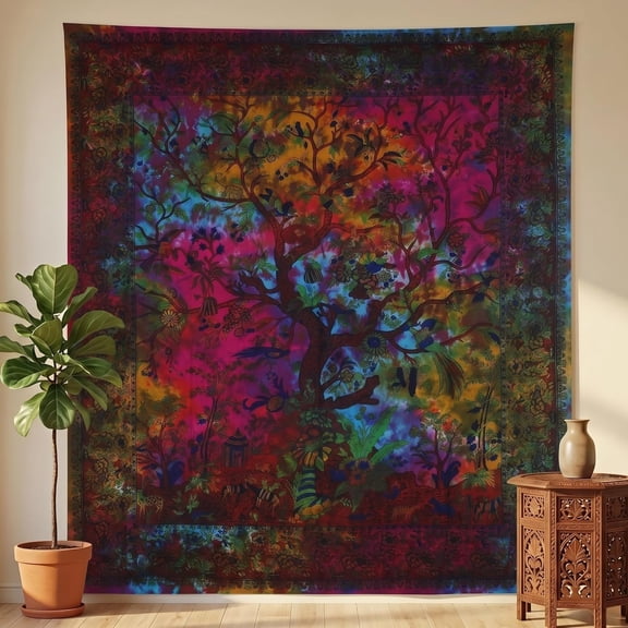 ICERUN Tapestry Rainbow Tree of Life Wall Hanging Psychedelic Tapestries Indian Cotton Queen Bedspread Picnic Sheet Wall Decor Blanket Wall Art Hippie Bedroom Dcor (Full, 85X90 Inch)