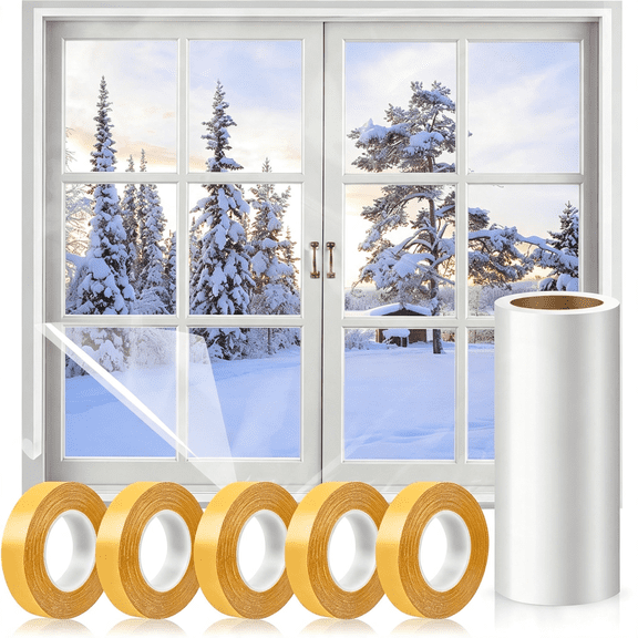 ICERUN Window Insulation Kit Winter 63*394" Window Plastic Winterizing Kit Thicken Shrink Film Insulator Thermal Insulation High Transparency Strong Adhesion Window Cover 10Pcs 3X5' Windows