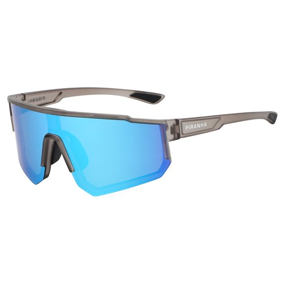 Piranha Eyewear Icevolt Frosted Gray Shield Sports Sunglasses with Blue Mirror Lens