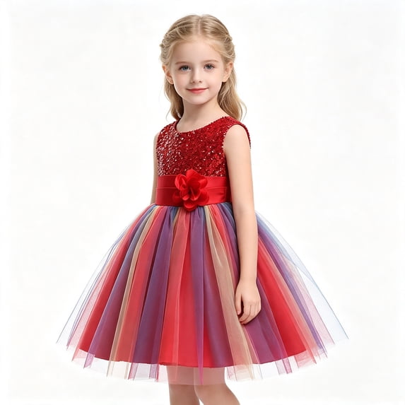 Toddler Girls Sparkly Sequin Rainbow Tulle Dress Soft Cotton Lining Flower Waist Princess Gown for Special Occasion Photoshoot Halloween