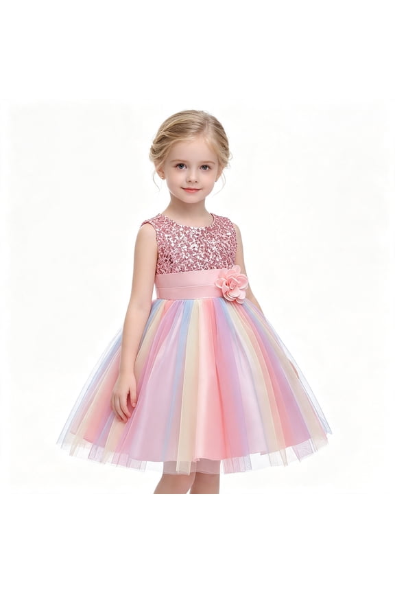 Toddler Girls Sparkly Sequin Rainbow Tulle Dress Soft Cotton Lining Flower Waist Princess Gown for Special Occasion Photoshoot Halloween