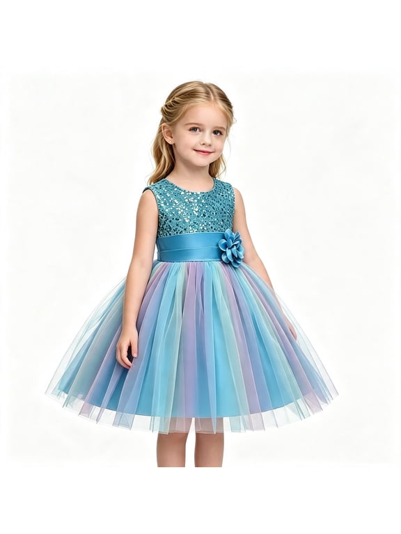 Toddler Girls Sparkly Sequin Rainbow Tulle Dress Soft Cotton Lining Flower Waist Princess Gown for Special Occasion Photoshoot Halloween