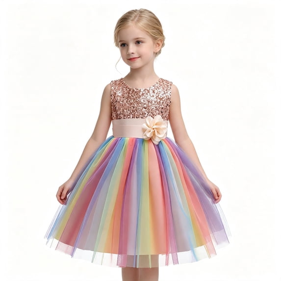 Toddler Girls Sparkly Sequin Rainbow Tulle Dress Soft Cotton Lining Flower Waist Princess Gown for Special Occasion Photoshoot Halloween