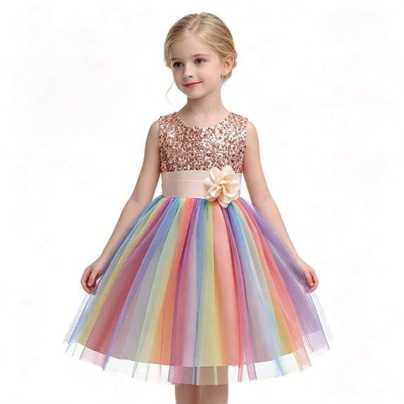 Toddler Girls Sparkly Sequin Rainbow Tulle Dress Soft Cotton Lining Flower Waist Princess Gown for Special Occasion Photoshoot Halloween