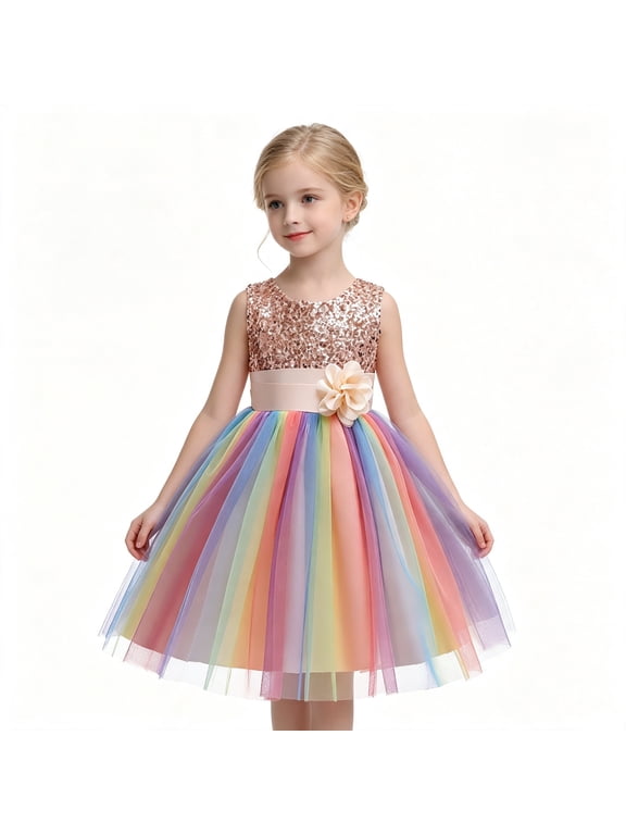 Toddler Girls Sparkly Sequin Rainbow Tulle Dress Soft Cotton Lining Flower Waist Princess Gown for Special Occasion Photoshoot Halloween