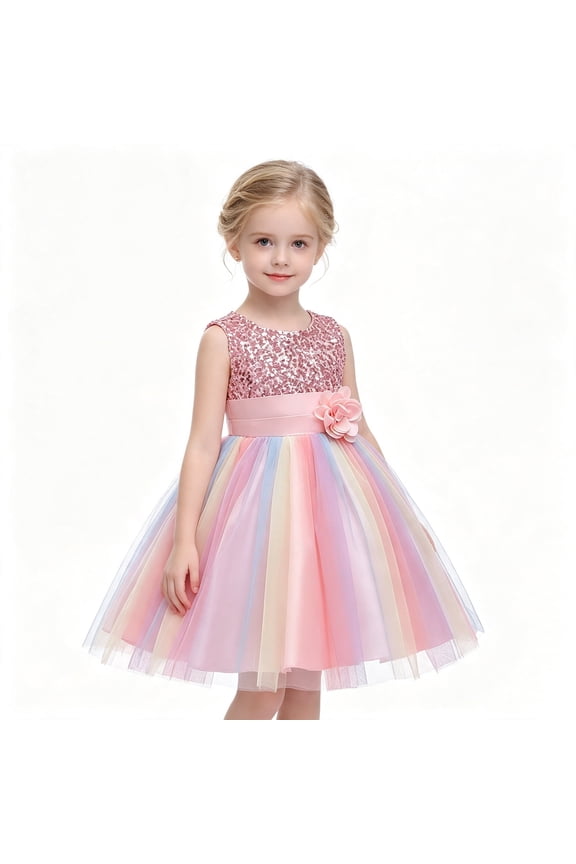 Toddler Girls Sparkly Sequin Rainbow Tulle Dress Soft Cotton Lining Flower Waist Princess Gown for Special Occasion Photoshoot Halloween
