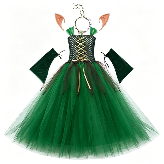 ICHTHYOSAUR Girls Halloween Forest Elf Fairy Costume Green Sleeveless Tulle Tutu Dress Arm Sleeves Elf Ears Garland