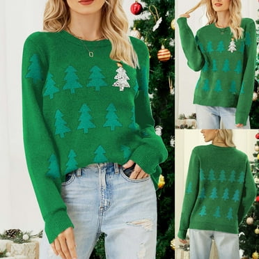 ICHUANYI 2023 Fall Winter Womens Fashion Knit Pullover Oversized Sweaters Crewneck Long Sleeve Christmas Trees Print Lightweight Top
