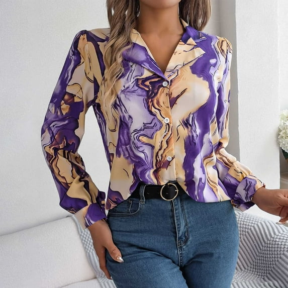 ICHUANYI 2023 Trend Womens Fall Button Down Shirts Lapel Long Sleeve Blouses V Neck Casual Print Loose Tops