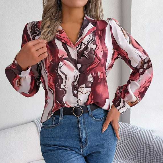 ICHUANYI 2023 Trend Womens Fall Button Down Shirts Lapel Long Sleeve Blouses V Neck Casual Print Loose Tops