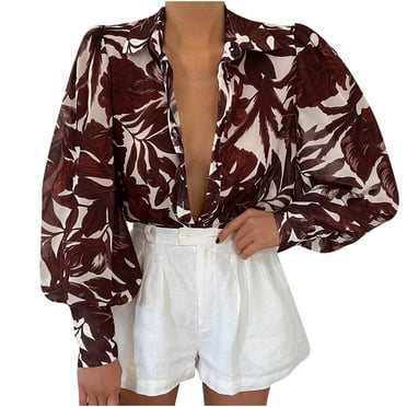 ICHUANYI 2023 Women's Button Down Loose Shirts Long Puff Sleeve Blouses V Neck Casual Print Work Tops