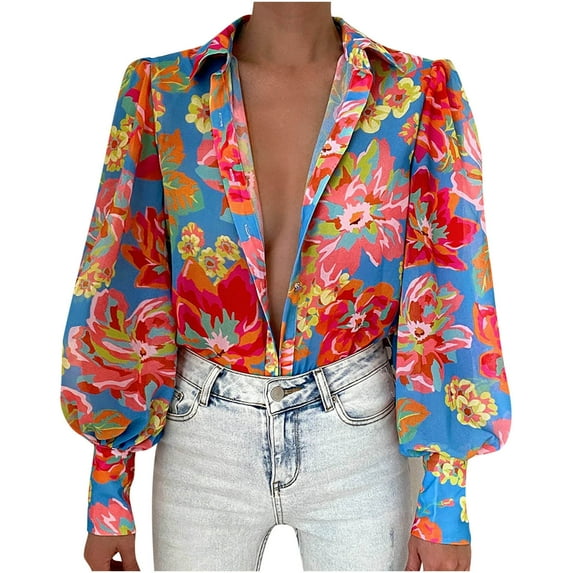 ICHUANYI 2023 Women's Button Down Loose Shirts Long Puff Sleeve Blouses V Neck Casual Print Work Tops