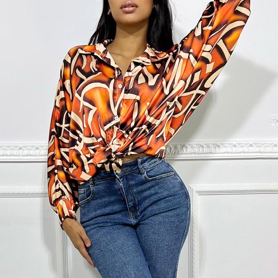 ICHUANYI 2023 Women's Button Down Print Shirts Fall Loose Long Sleeve Blouses V Neck Casual Work Tops