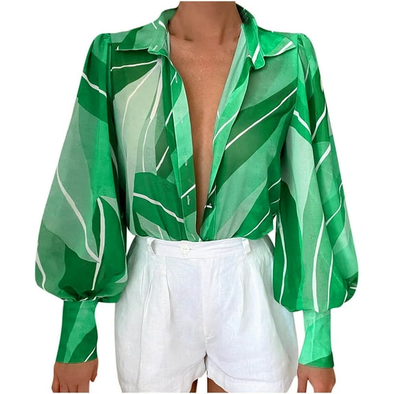 ICHUANYI 2023 Women's Button Down Shirts Long Puff Sleeve Blouses V Neck Casual Print Work Tops