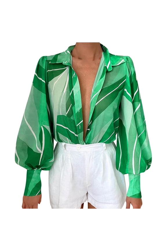 ICHUANYI 2023 Women's Button Down Shirts Long Puff Sleeve Blouses V Neck Casual Print Work Tops