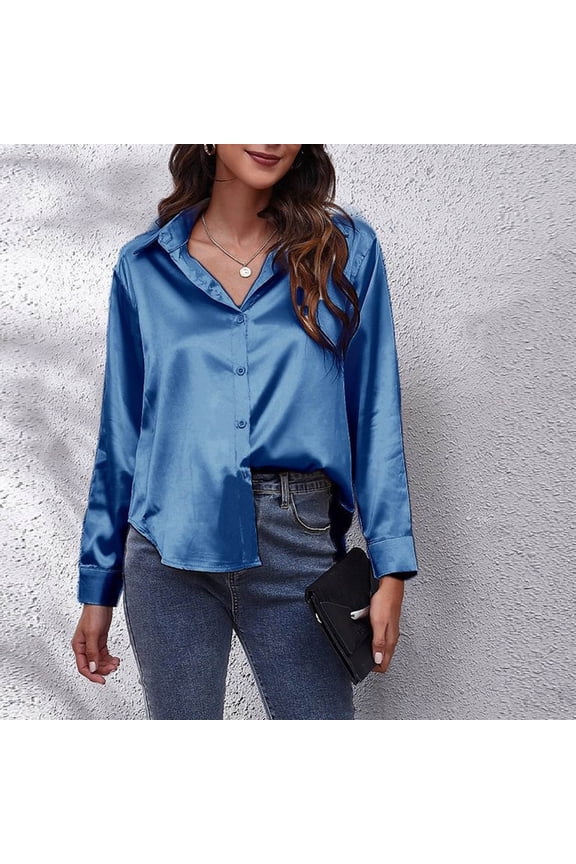 ICHUANYI 2023 Women's Button Down Solid Color Shirts Loose Long Sleeve Blouses V Neck Casual Work Tops
