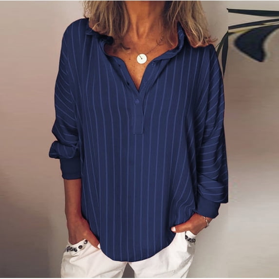 ICHUANYI 2023 Womens Fall Striped Shirts Lapel Button Down Long Sleeve Blouses V Neck Casual Loose Tops
