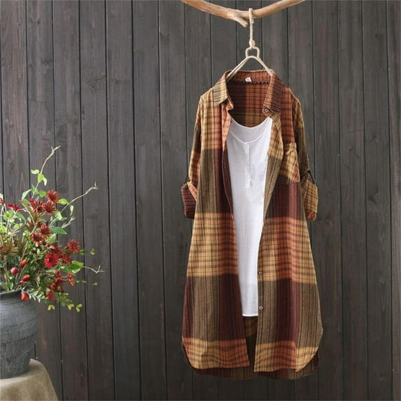 ICHUANYI 2023 Womens Plaid Shirts Fall Long Sleeve Button Down Blouses Coat V Neck Casual Loose Tops