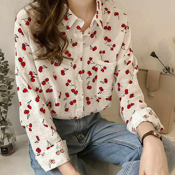 ICHUANYI 2023 Womens Simple Cherry Print Shirts Button Down Lapel Long Sleeve Blouses Cute V Neck Casual Loose Tops
