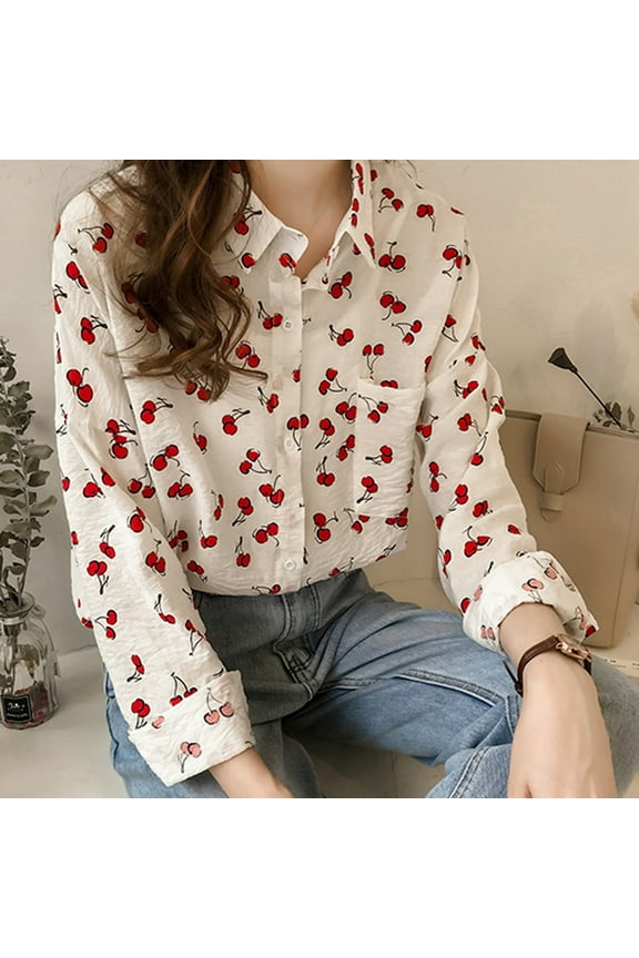 ICHUANYI 2023 Womens Simple Cherry Print Shirts Button Down Lapel Long Sleeve Blouses Cute V Neck Casual Loose Tops